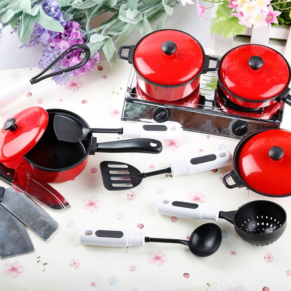 Kids Pretend Kitchen Cookware Toy Sets, Double Burner Stove with Lidded Pots Pans Knives Utensils Cutting Board, Chef Cooking Role Play Toys for Toddlers Boys Girls Birthday Gifts