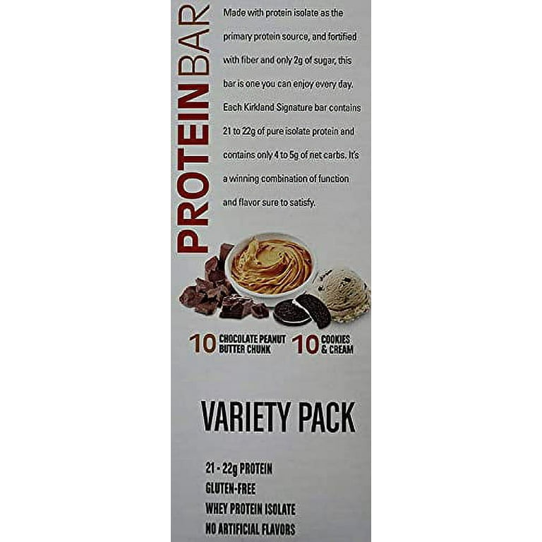  Kirkland Signature Protein Bar Variety Pack 20 Count Chocolate  Peanut Butter Chunk & Cookies and Cream Gluten Free 21-22g of Protein 2g  Sugar No Artificial Flavors Whey Protein Isolate : Grocery