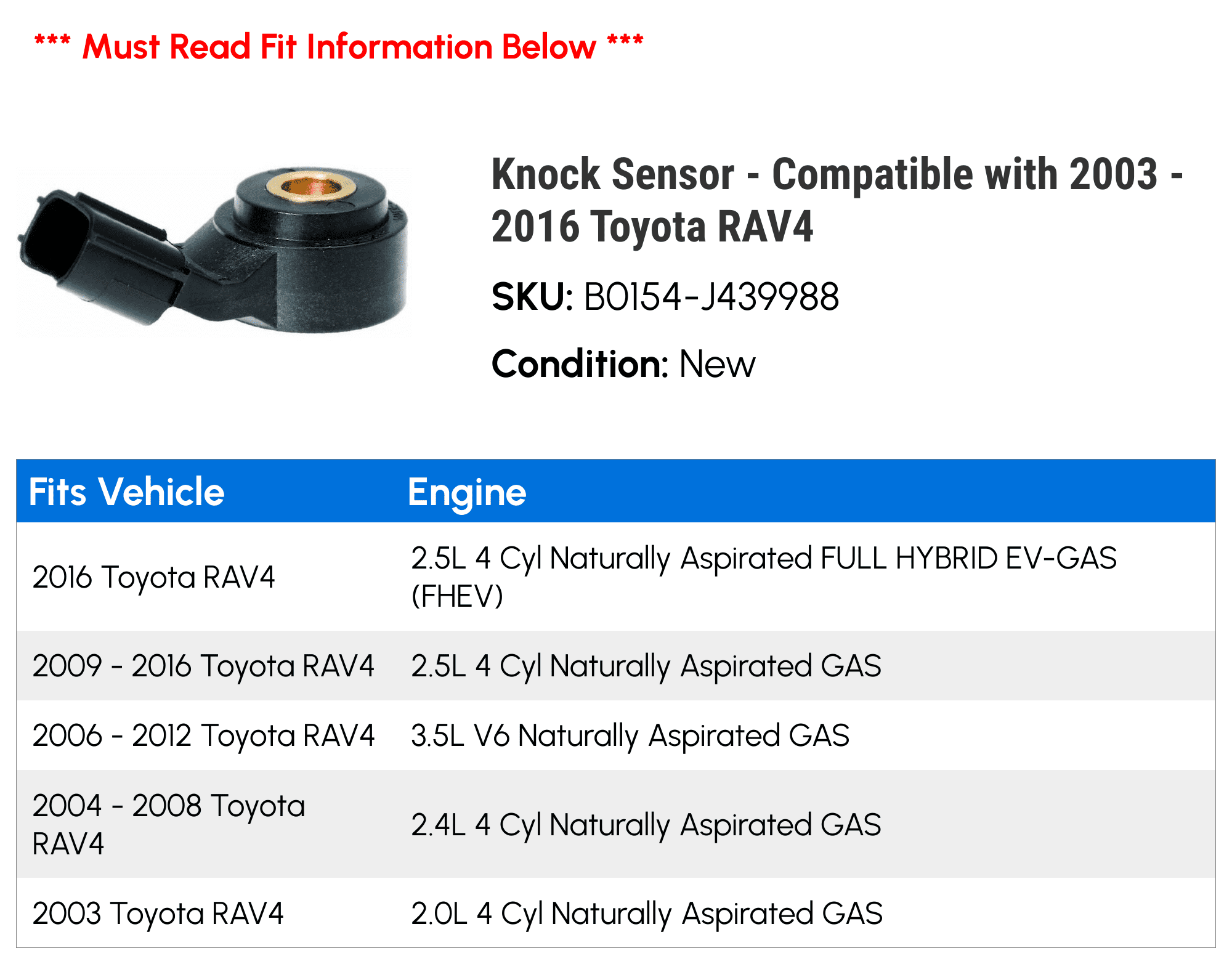 Knock Sensor - Compatible with 2003 - 2016 Toyota RAV4 2004 2005 2006 2007 2008 2009 2010 2011 2012 2013 2014 2015