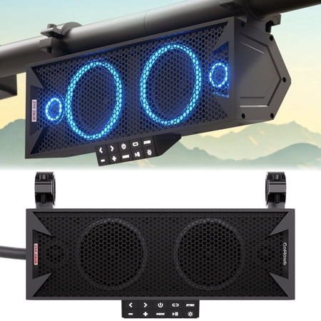 UTV Sound Bar Waterproof 4-Speaker Bluetooth Speakers System w/ FM Radio Multicolor LED, 15-Inch for Polaris RZR, Can-Am, ATV, Marine