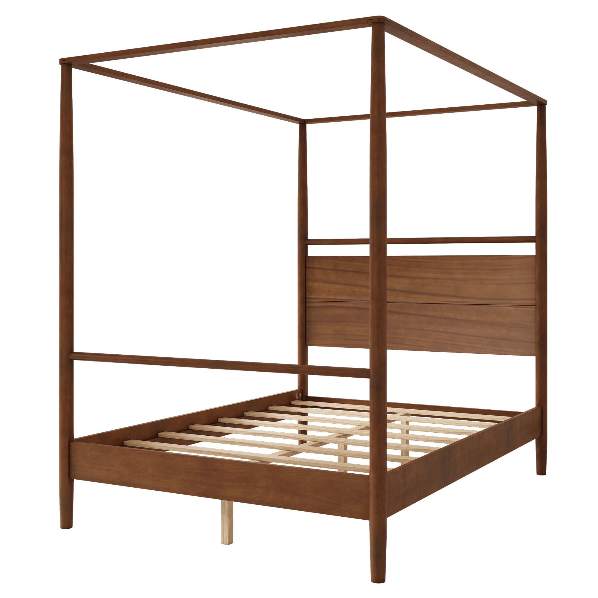 Euroco Wood Full Size Canopy Bed, Platform Bed with Four Posters, Walnut
