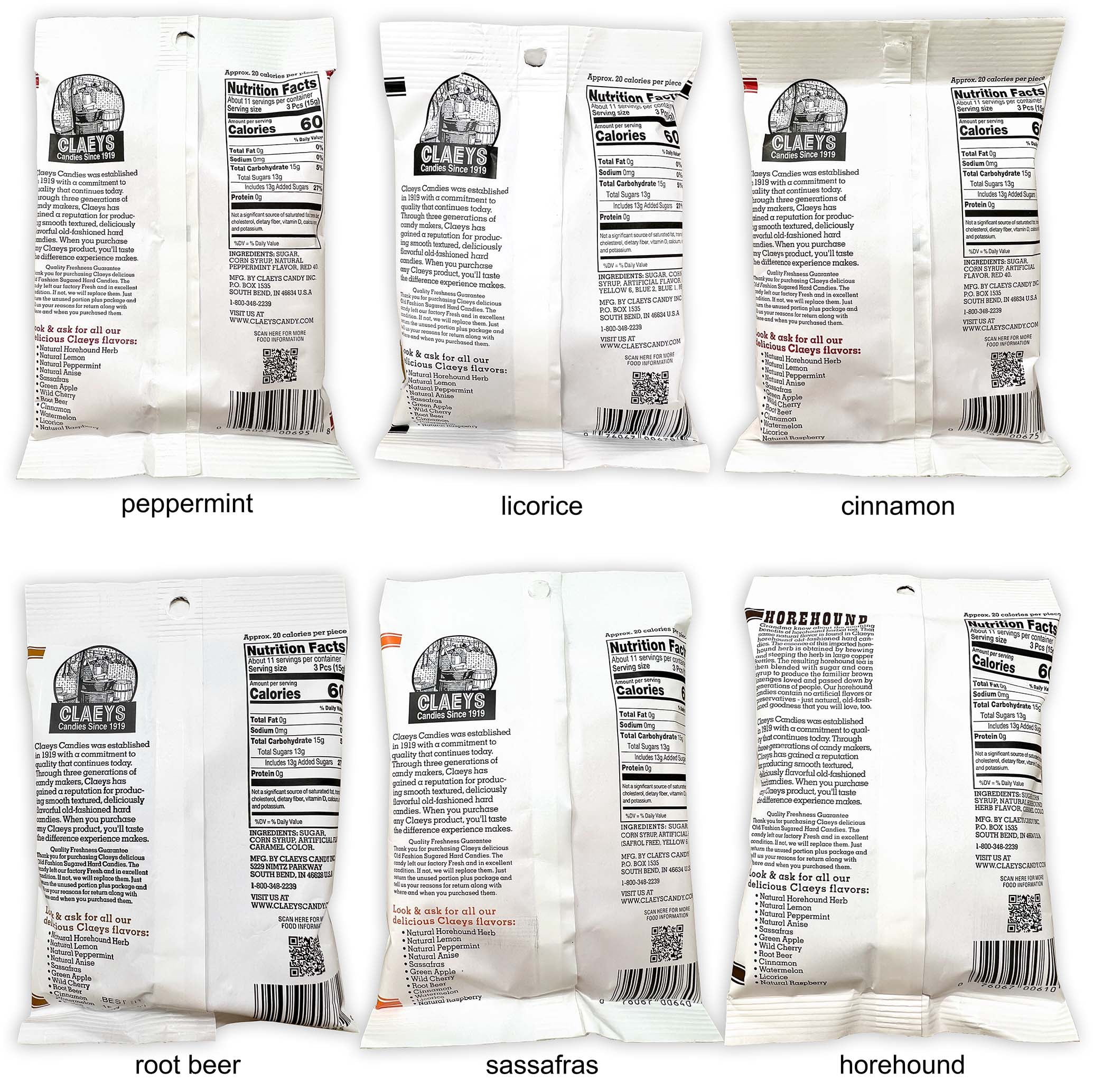 Old Fashioned Hard Candies - 6 flavors - 1 each: Peppermint, Licorice, Cinnamon, Root Beer, Sassafras, Horehound (6 oz) + MerlinsMart Zine | Claeys