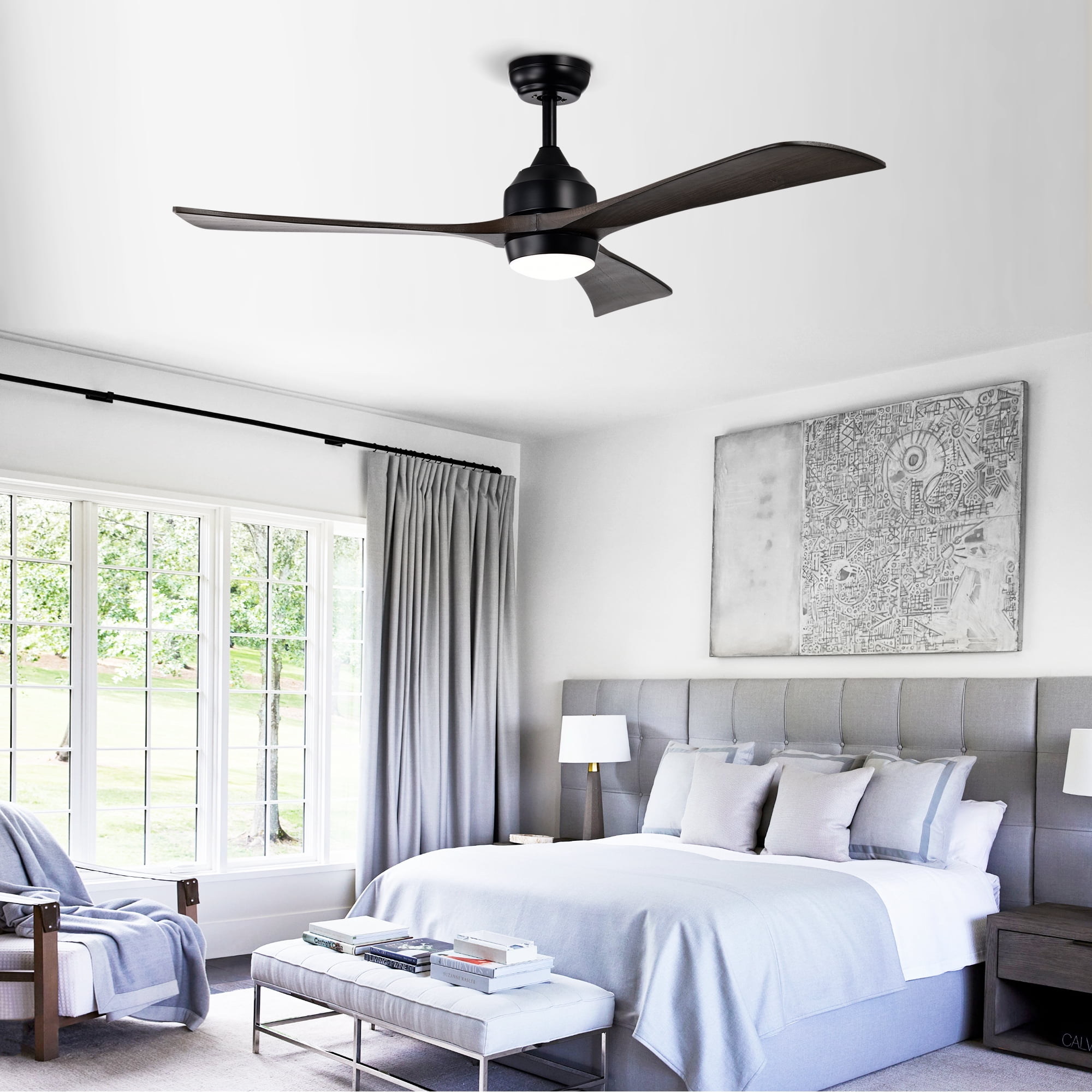 Ceiling Fan with Light, 52 Inch Solid Wood Blade Quiet Fan for Home Office Living Room, Matte Black