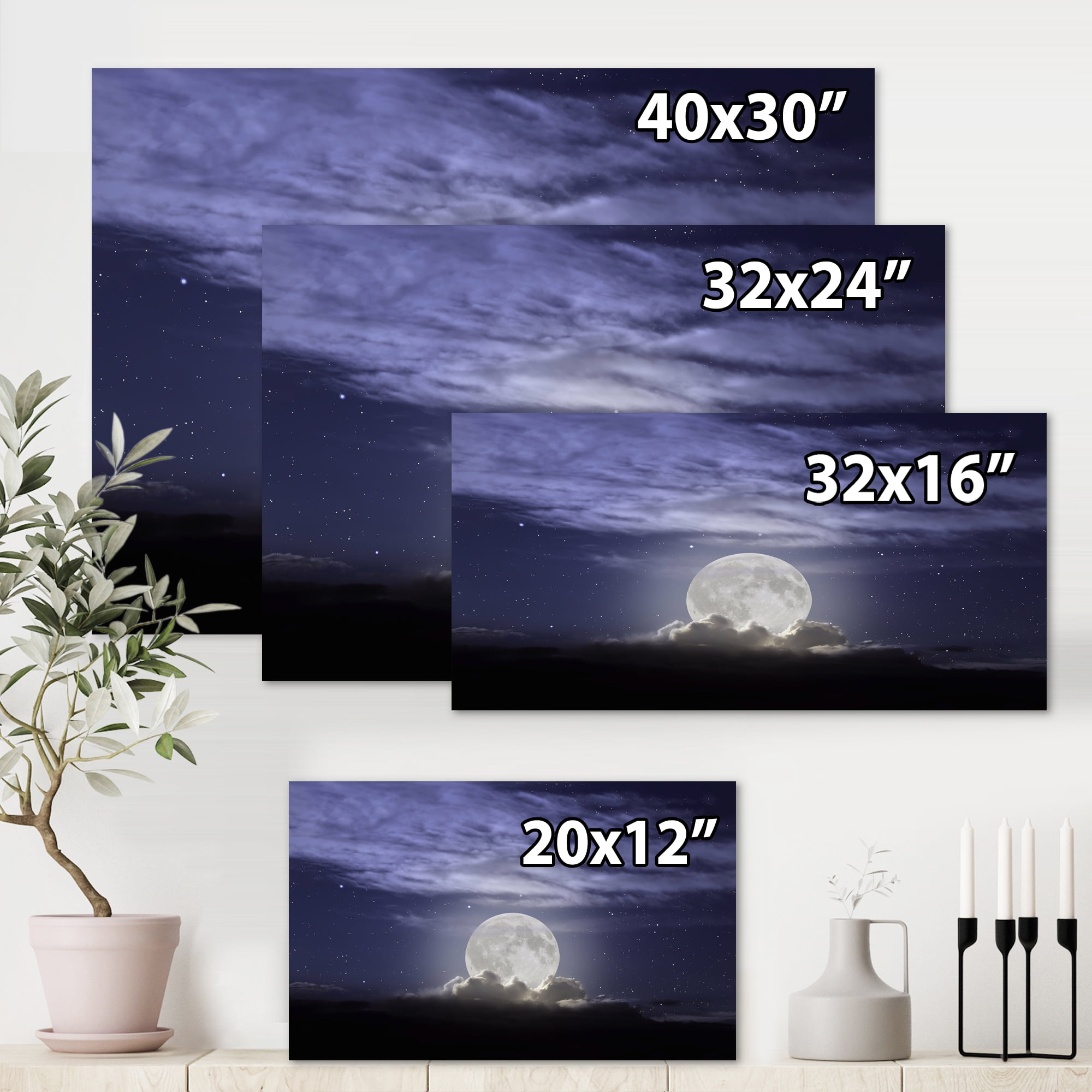 Full Moon Rising In A Cloudy Night Sky 8 in x 12 in Painting Canvas Art Print, by Designart