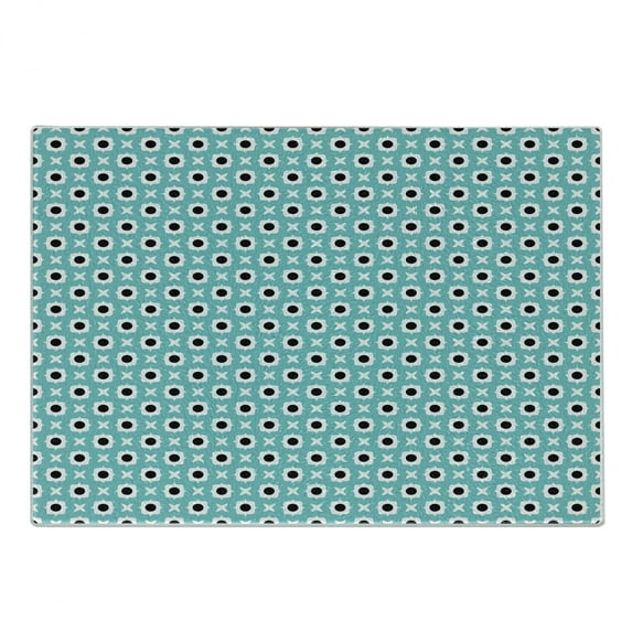 Retro Cutting Board, Abstract Ornaments with Black Dots Inside Floral Motifs Symmetrical Tile, Decorative Tempered Glass Cutting and Serving Board, Small Size, Pale Blue Black White, by Ambesonne