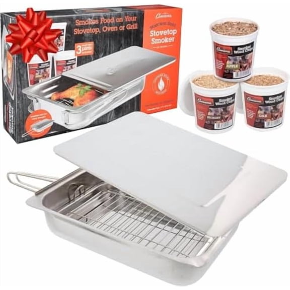 Original Stovetop Smoker -Smoker Box Gift Set w/Oak, Apple, Hickory Wood Chip Pints & Recipe Guide- Indoor Outdoor Use - Great for Smoking Meats - Barbecue Grilling Holiday Xmas Gift for Men$$