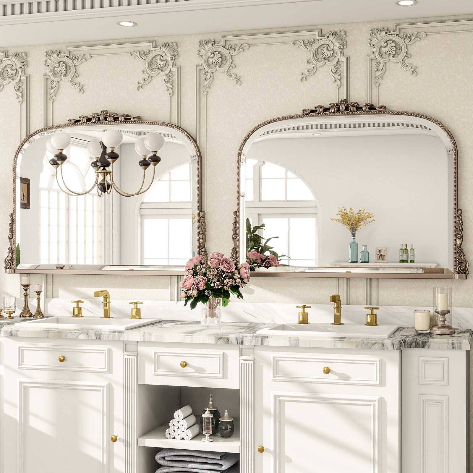 BEAUTYPEAK 44"x32" Vintage Bathroom Mirror Baroque Style Decorative Vanity Mirror Wall Mounted, Antique Silver