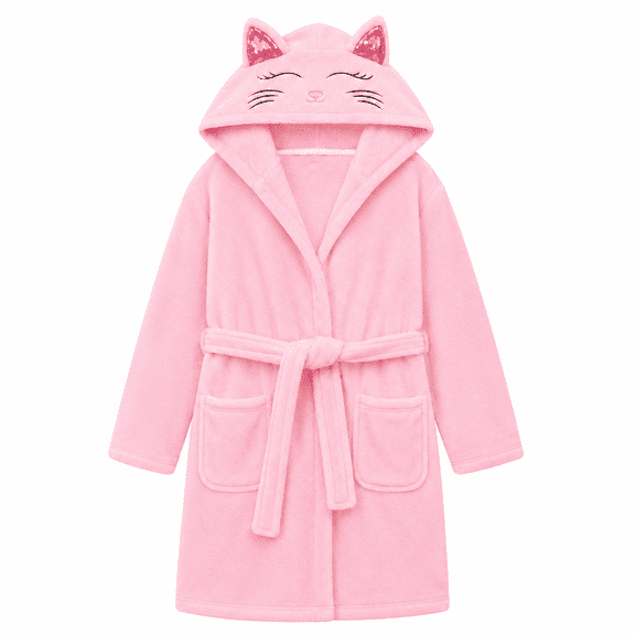 Lalune Duciel Girls Hooded Flannel Bathrobe with Embroidered Cat Design, Soft Kids Robe, Pink, Size 3T