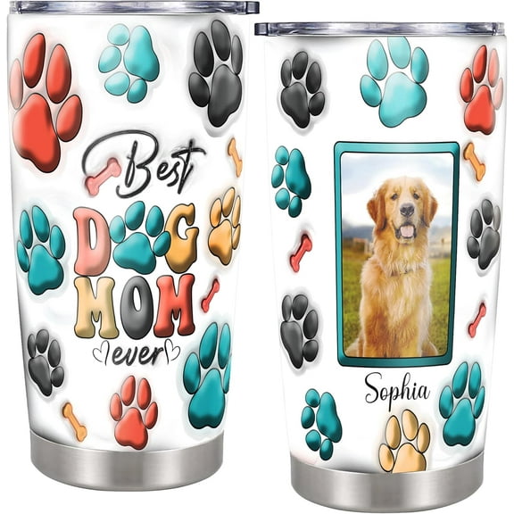 Personalized Best Dog Mom Tumbler Custom Photo Travel Coffee Mug Insulated Cup with Lid Stainless Steel 20 oz Appreciation Gifts for Mom Women Grandma Birthday Mothers Day