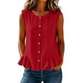 thumbnail image 2 of FDGIU Women's Round Neck Sleeveless Button Down Ruffle Hem Tank Top, Solid Cotton Linen Woven Loose Casual Blouse, 2 of 6