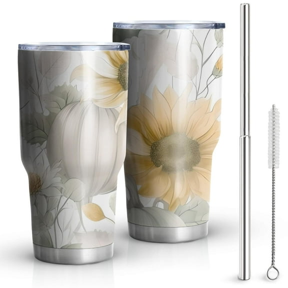 30oz Happy Fall Pumpkins and Sunflower Tumblers Stainless Steel Tumbler with Lid and Straw,Vacuum Insulated Double Wall Travel Tumbler Cups Mug with Cleaning Brush for Coffee,Tea