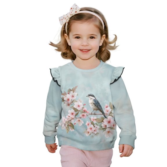 Xixirimido Bird Cherry Blossom Blue Print Toddler Girls Sweatshirt Ruffle Shoulder Long Sleeve Sweatshirts Graphic Pullover Top Girls Sweater Casual Fall Winter Clothes, for 4-5T
