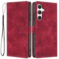 Leather For Samsung Galaxy A17 / A26 Case Cherry Blossom Embossed 3-card Flip Wallet Leather Case With Card Holder Magnetic Closure Phone Cases Cover,Red,For Galaxy A17 / A26