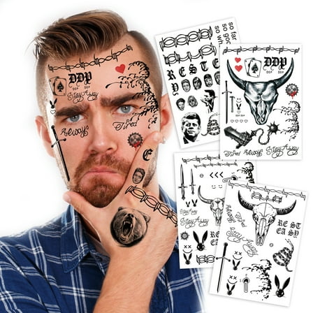 Cosplay Rapper-Inspired Temporary Tattoos – 4-Sheet Face Tattoo Stickers for Men, Women and Kids – Hip-Hop Style Fake Tattoos for Cosplay, Halloween, and Parties