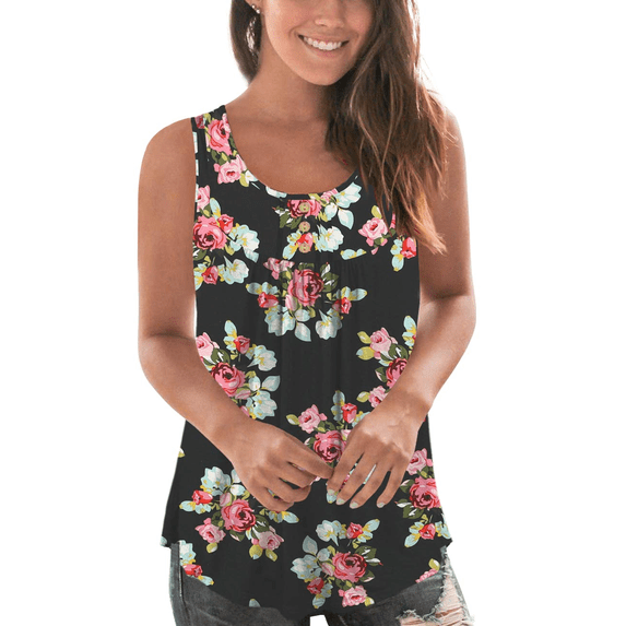 Beecarchil Women's Plus Size Sleeveless Summer Printed Pleated Casual Tunic Tank Tops S-3XL