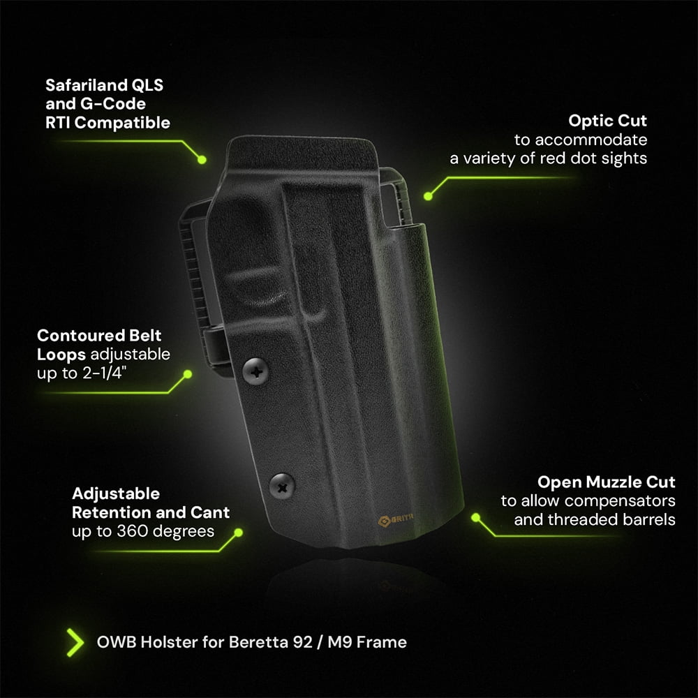 GRITR OWB Kydex Right Hand Pistol Holster Fits Beretta 92/M9 Frame Models