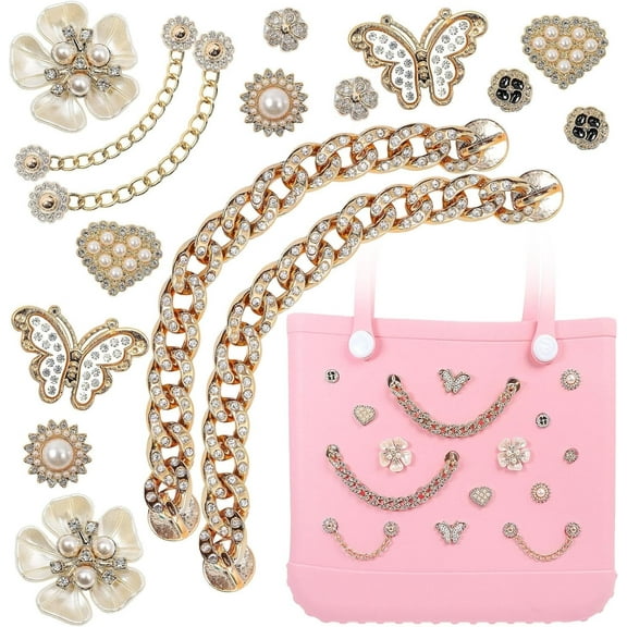 Charms for Bag, Flower Pearls & Butterfly Charms for Bag Accessories Charms Compatible with Simply Southern Rubber Beach Bag Tote, Lovely Gold Charms Bag Insert for Beach Tote Bag (16 Pcs)