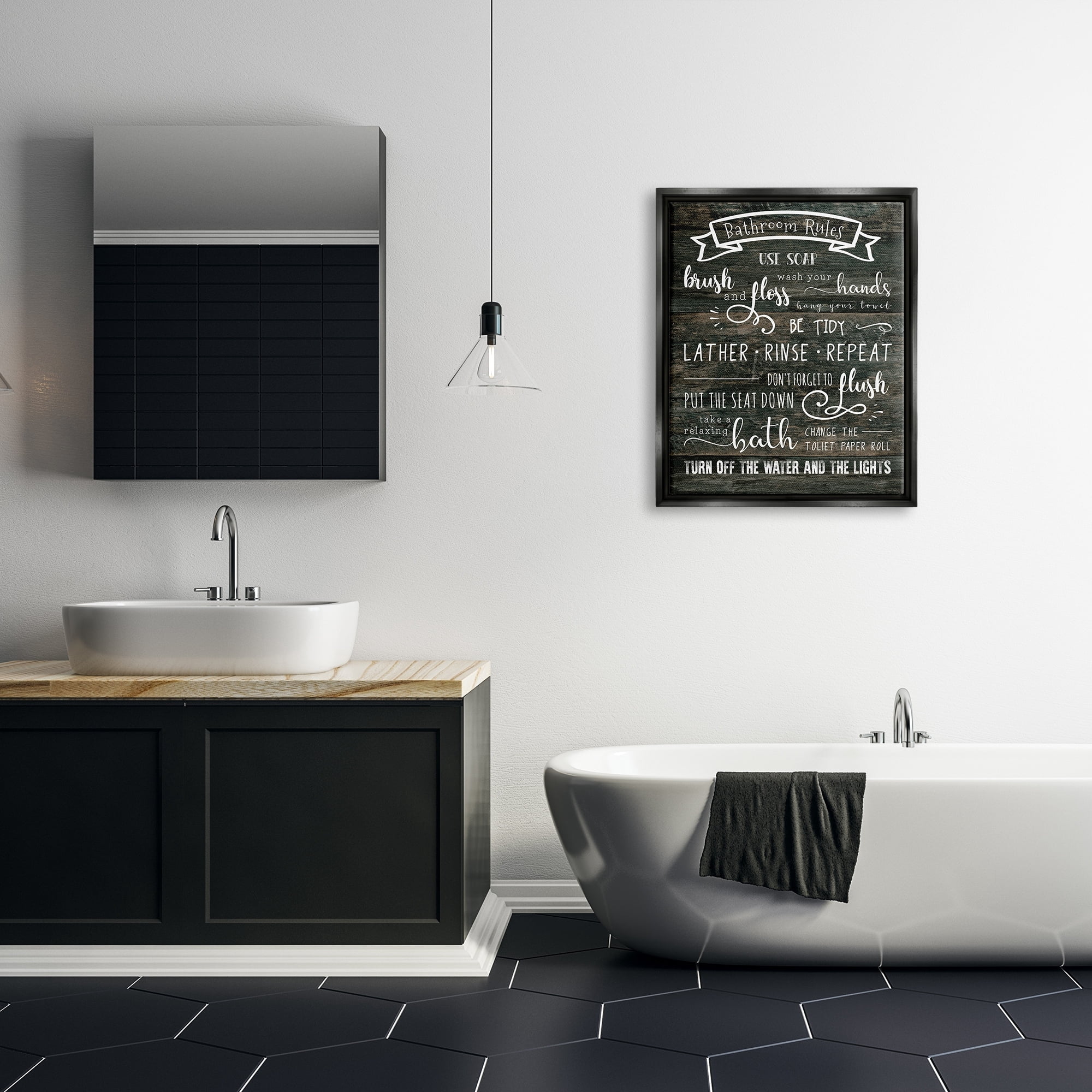 Stupell Industries Rustic Bathroom Rules Sign Good Hygiene List Jet Black Framed Floating Canvas Wall Art, 24x30, by CAD