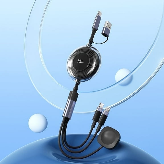 Q 3-in-1 Retractable Charging Cable 100W USB-C Fast Charger for iPhone 16 15 14 13, iPad, iWatch, Android, MacBook, Lightning Multi Cord