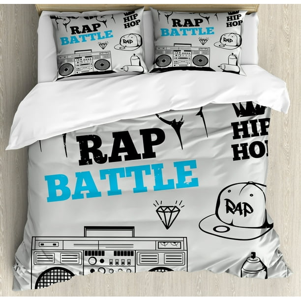 Hip Hop Queen Size Duvet Cover Set Elements Freestyle Rap Duel With Microphones Theme - Bar Hop Sham Bedding Hip Hop Queen Size Duvet Cover Set Elements Freestyle Rap Duel With Microphones Theme - Bar Hop Sham Bedding