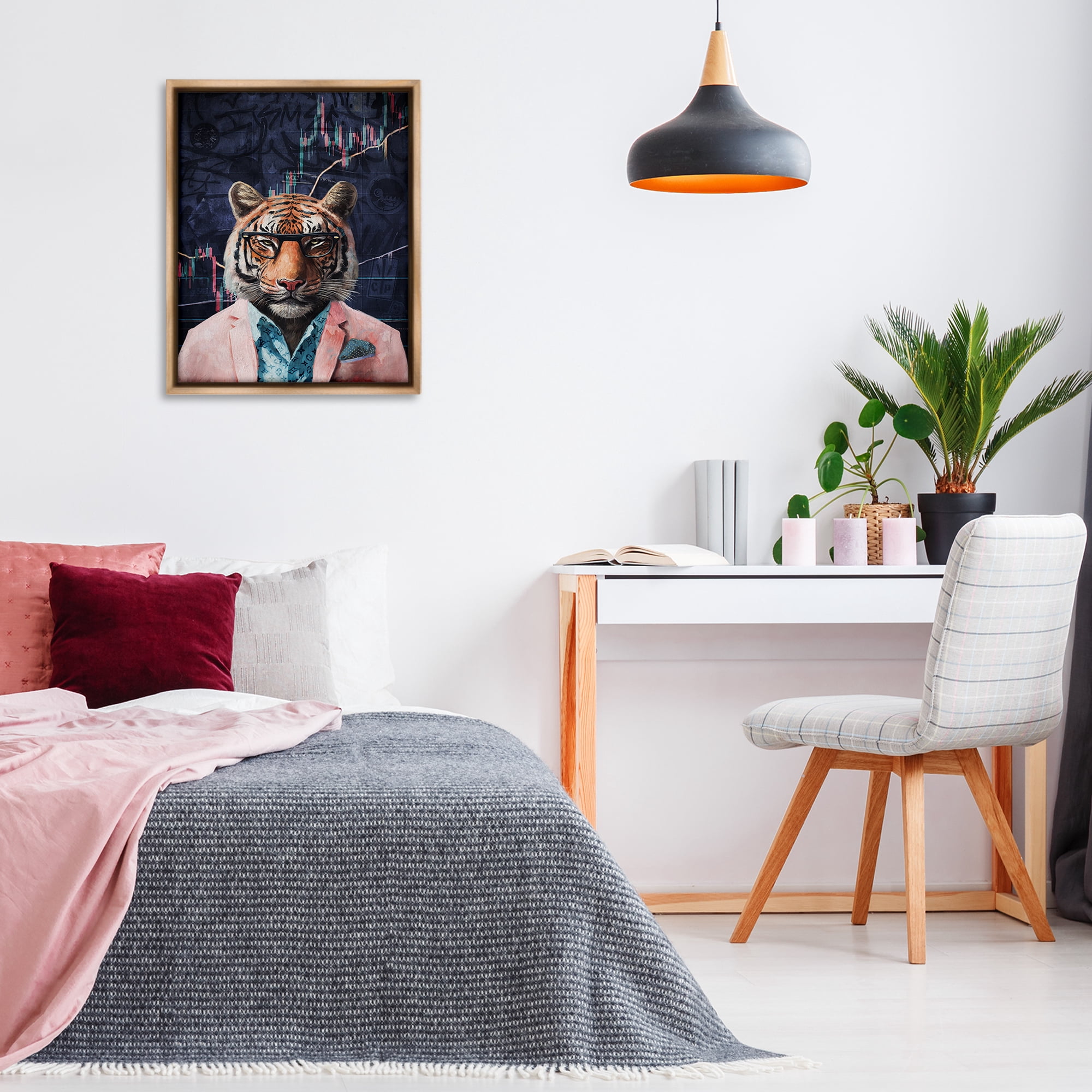Stupell Industries Trendy Tiger on Abstract Animals Painting Brown Floater Framed Canvas Art Print Wall Art, 25 x 31