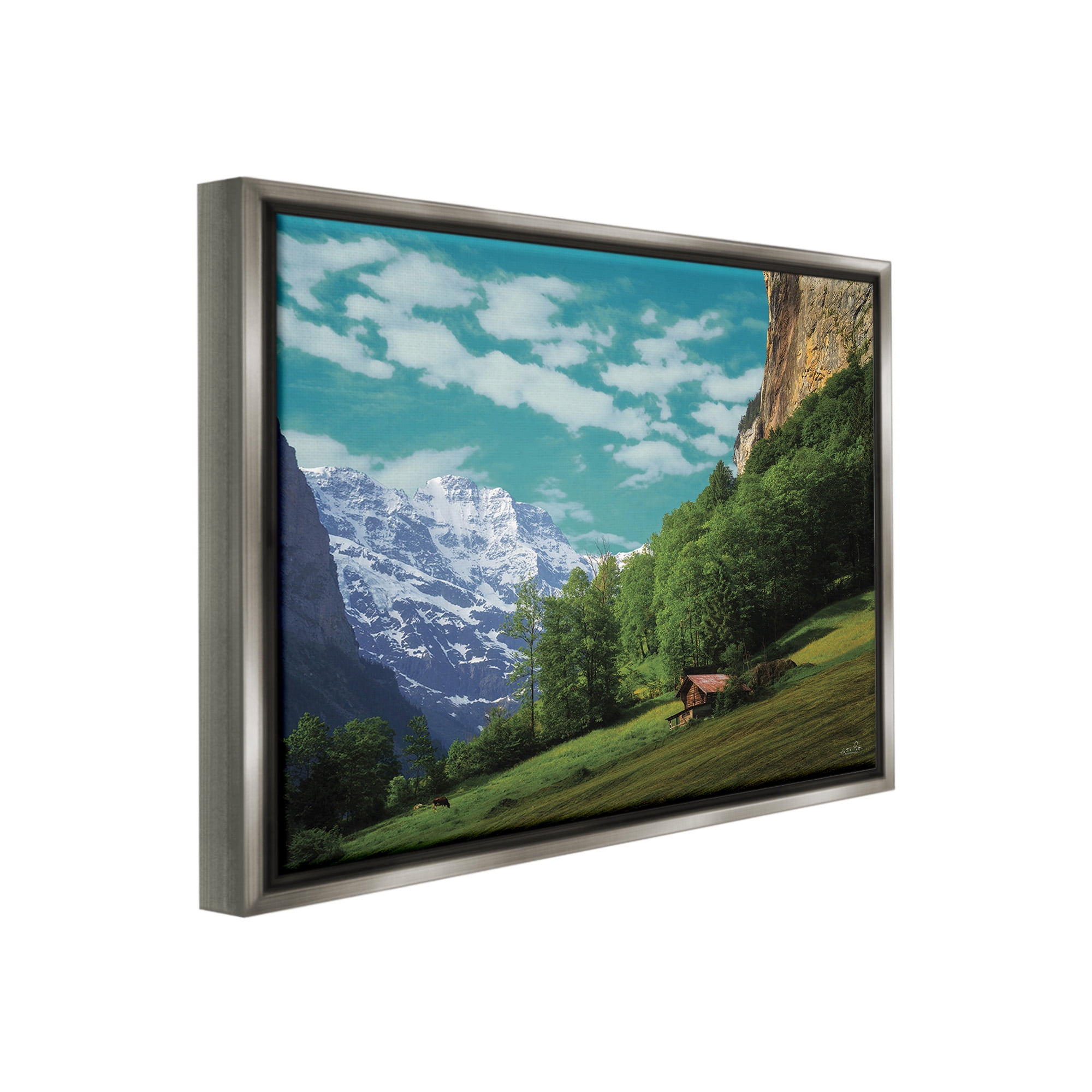 Stupell Industries Mountain Valley Cottage Landscape Photography Gray Floater Framed Canvas Art Print Wall Art, 21 x 17