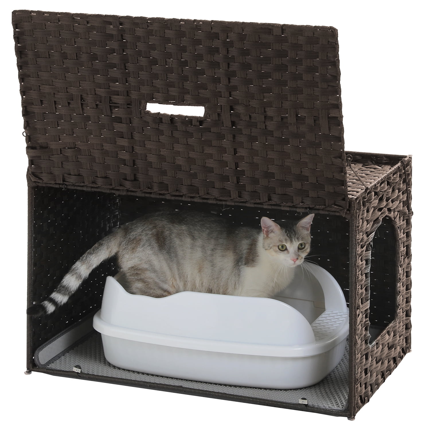 PEQULTI Rattan Cat Litter Box Enclosure Pet House with Taller Doorway for Large Cats Indoor Brown