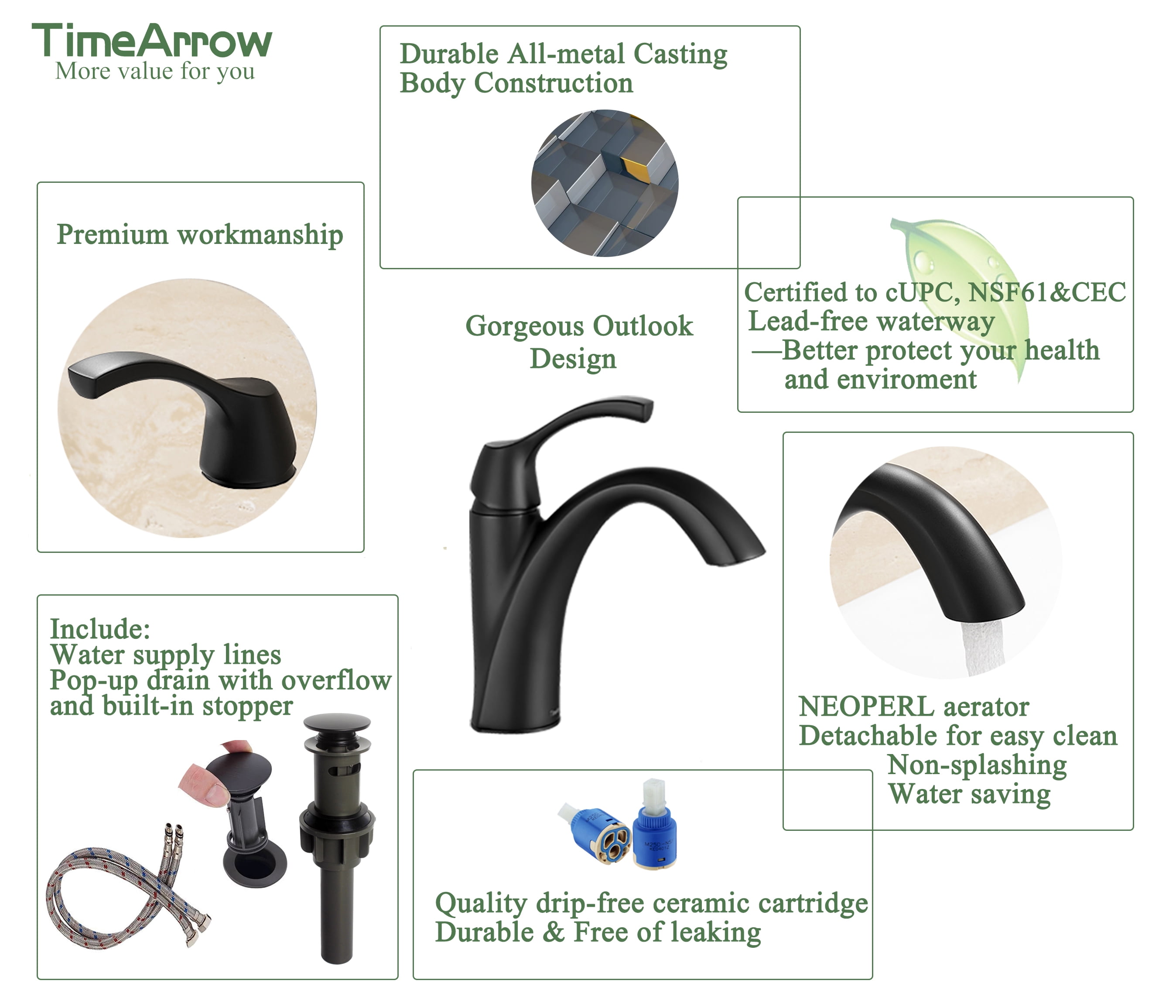 TimeArrow Bathroom Sink Faucet Matte Black, Single Handle Bathroom Faucet for 1 Hole with 3 Holes Deck Plate, Lavatory Vanity Faucet, Pop Up Drain and Water Supply Lines Included, TAF206-MB