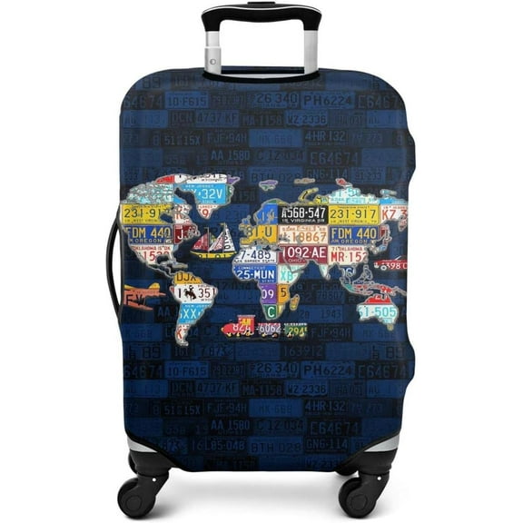 World Travel License Plate Map Luggage Cover Suitcase Protector Spandex Luggage Cover Fit 22-24 Inch Luggage