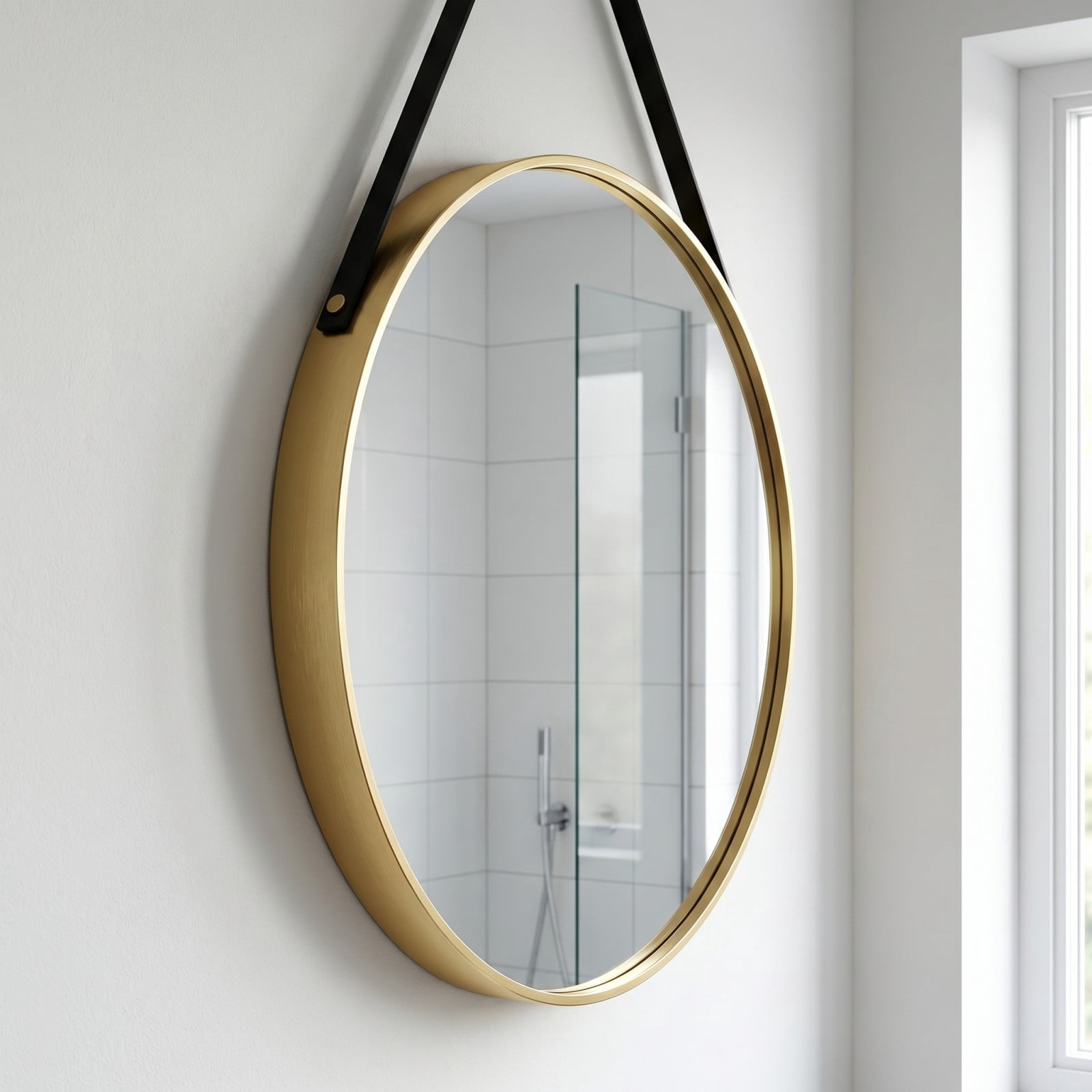 Gleamira 16" Wall Mounted Mirror Round Vanity Mirror with Leather Strap, Gold