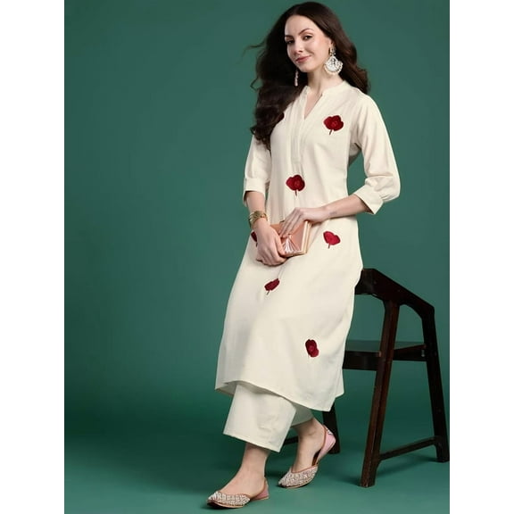 Indo Era Women Floral Embroidered Thread Work Pure Cotton Kurta with Palazzos - Indian Ethnic Traditional Wear Kurta Set