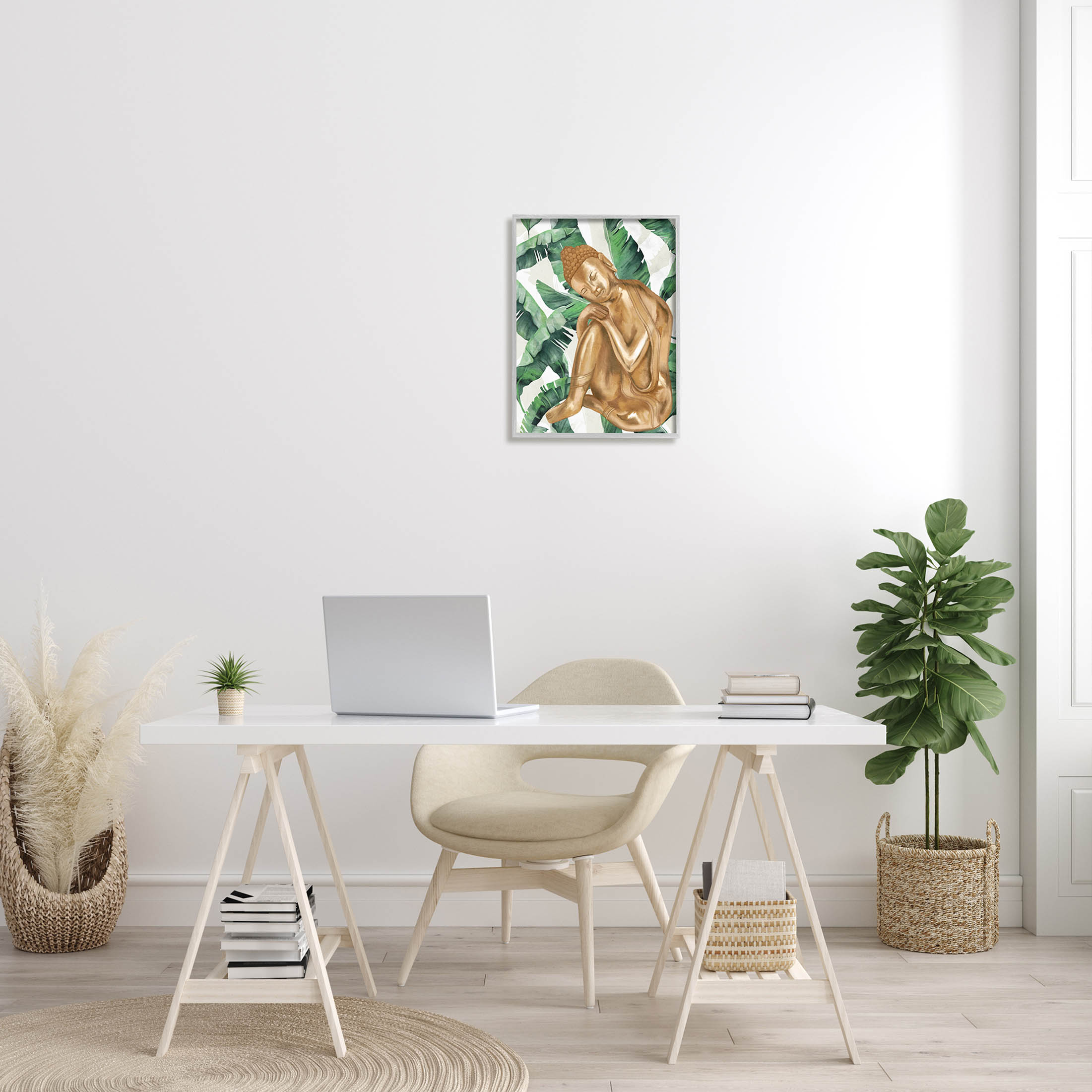 Stupell Industries Tropical Leaves Pattern Buddha Graphic Art Gray Framed Art Print Wall Art, Design by Lil' Rue