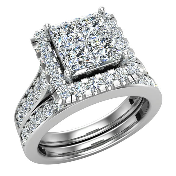 Princess Cut Wedding Rings Set for Women 14K White Gold Quad Illusion 1.80 CT (G,SI)