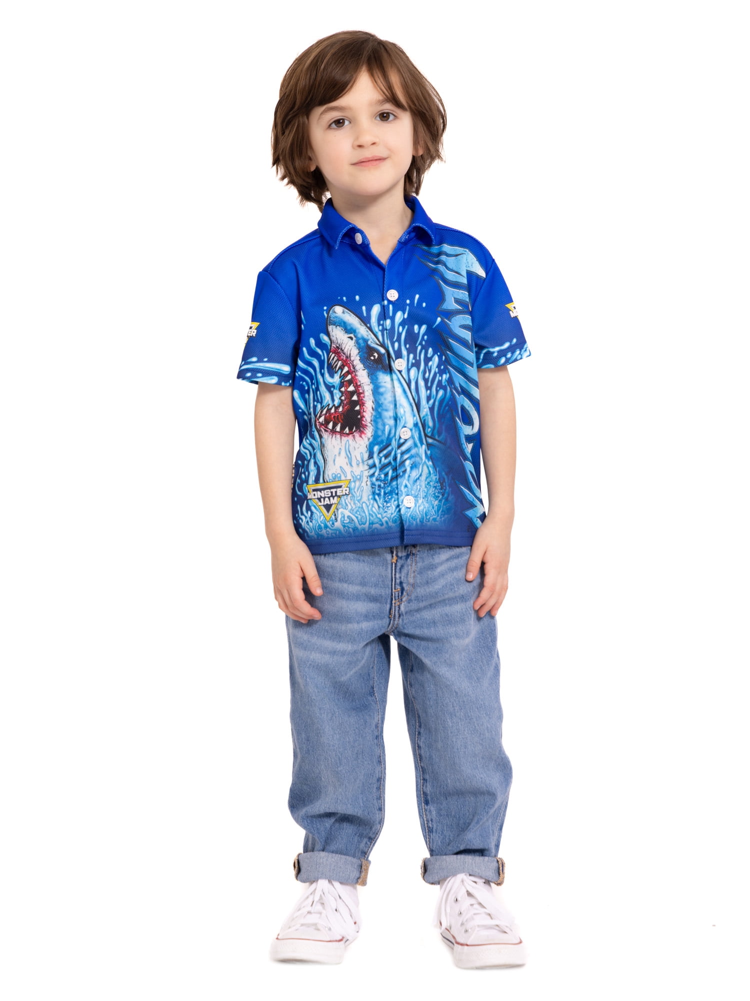 Monster Jam Megladon Toddler Boys Button Shirt with Short Sleeves, Sizes 12M-5T