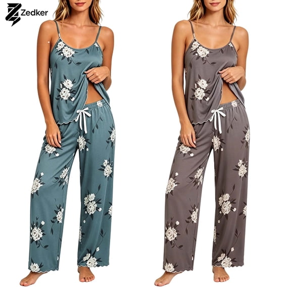 Zedker Soft Silk Pajamas for Women Set Tank Top Pj Sets ,2 Piece Lounge Set | Satin Womens Pajama Sets Sleeveless Loungewear Long Pants Sleepwear Cami Pjs Set Blue L