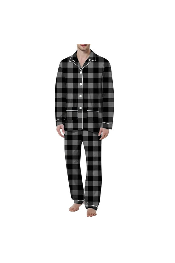 Pajama Set for Men 2 Piece Plaid Soft Button Down Collar Top and Pants Pjs Long Sleeve Sleepwear Lounge Nightwear with Pocket Black XXL