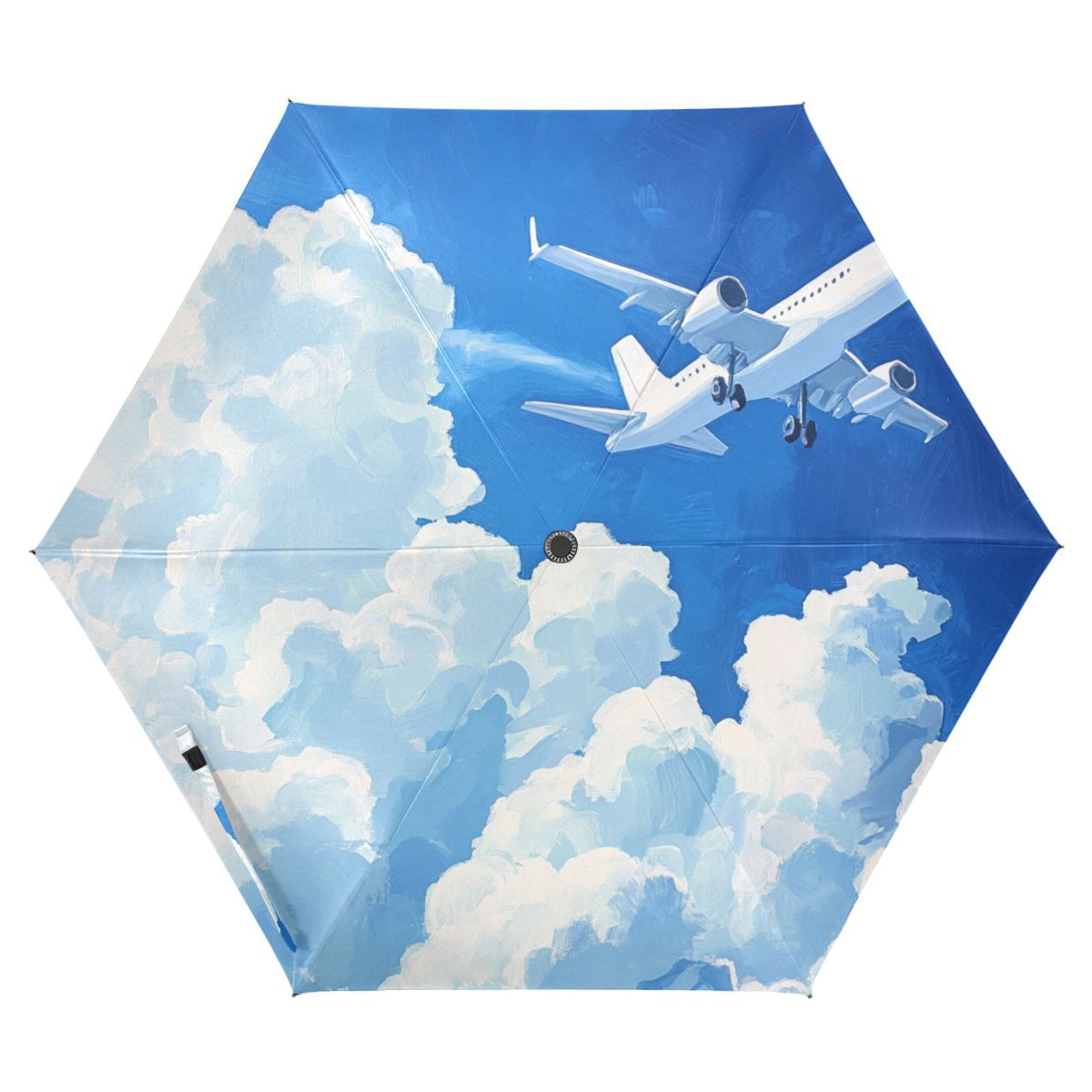 Plane Sky White Clouds Oil Painting All Weather Umbrella Triple Folding Parasol 6 Ribs UV Protection Portable