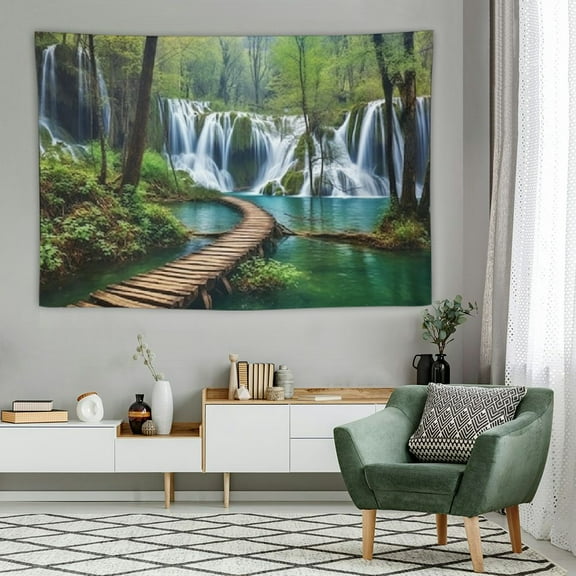 PRATYUS Green Nature Tapestry Rainforest Waterfall Landscape Tapestry River Wooden Bridge Scene Wall Hanging Tapestry for Bedroom 60x40 Inch 60x40in