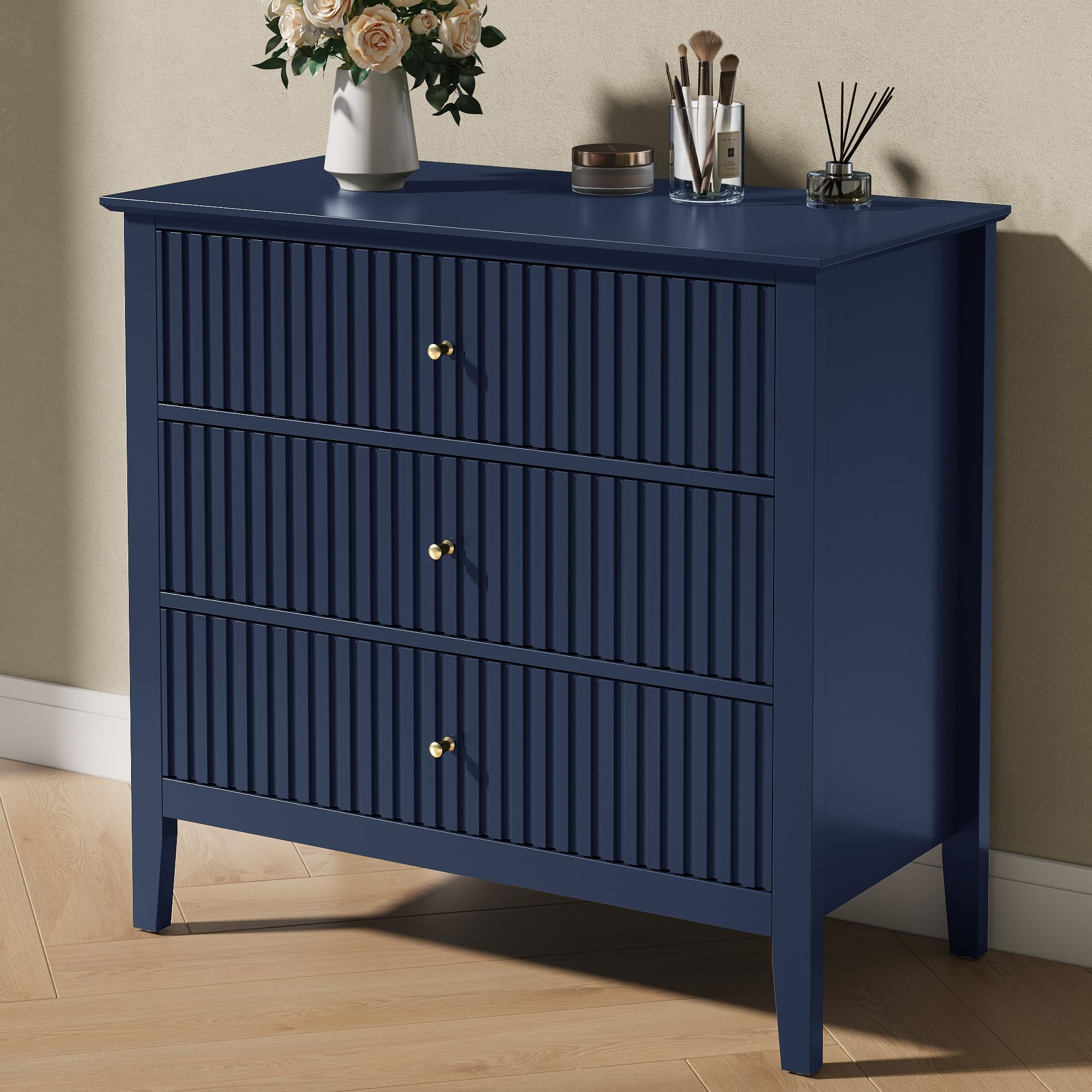 May in Color Large 3 Drawer Dresser Set of 2, Fluted Modern Tall Nightstand for Bedroom Living Room Entryway, Blue