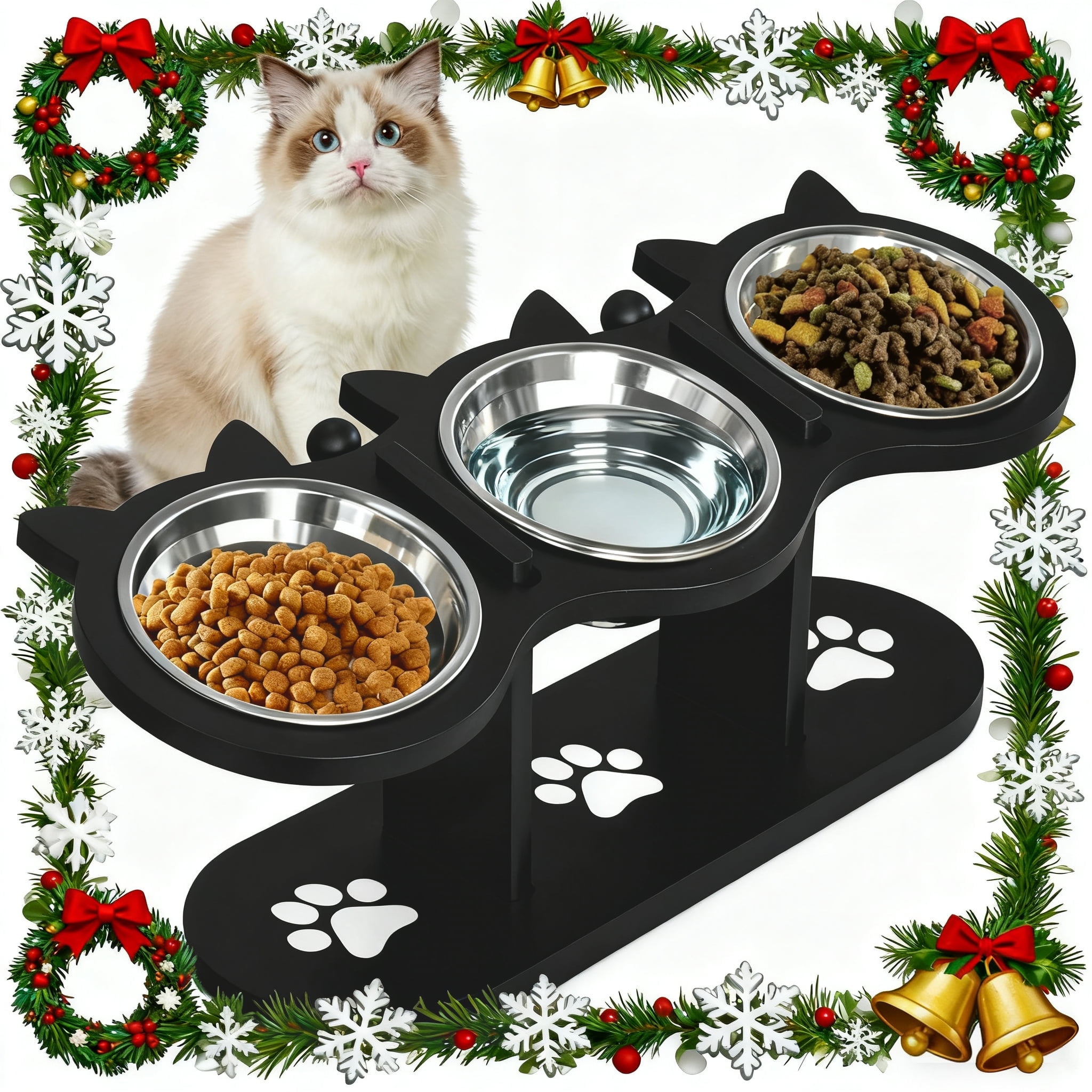 Adjustable Elevated Cat Bowls - 3 Stainless Steel 17° Tilted Pet Bowls with Black Stand for Indoor Cats/Small Dogs-Black