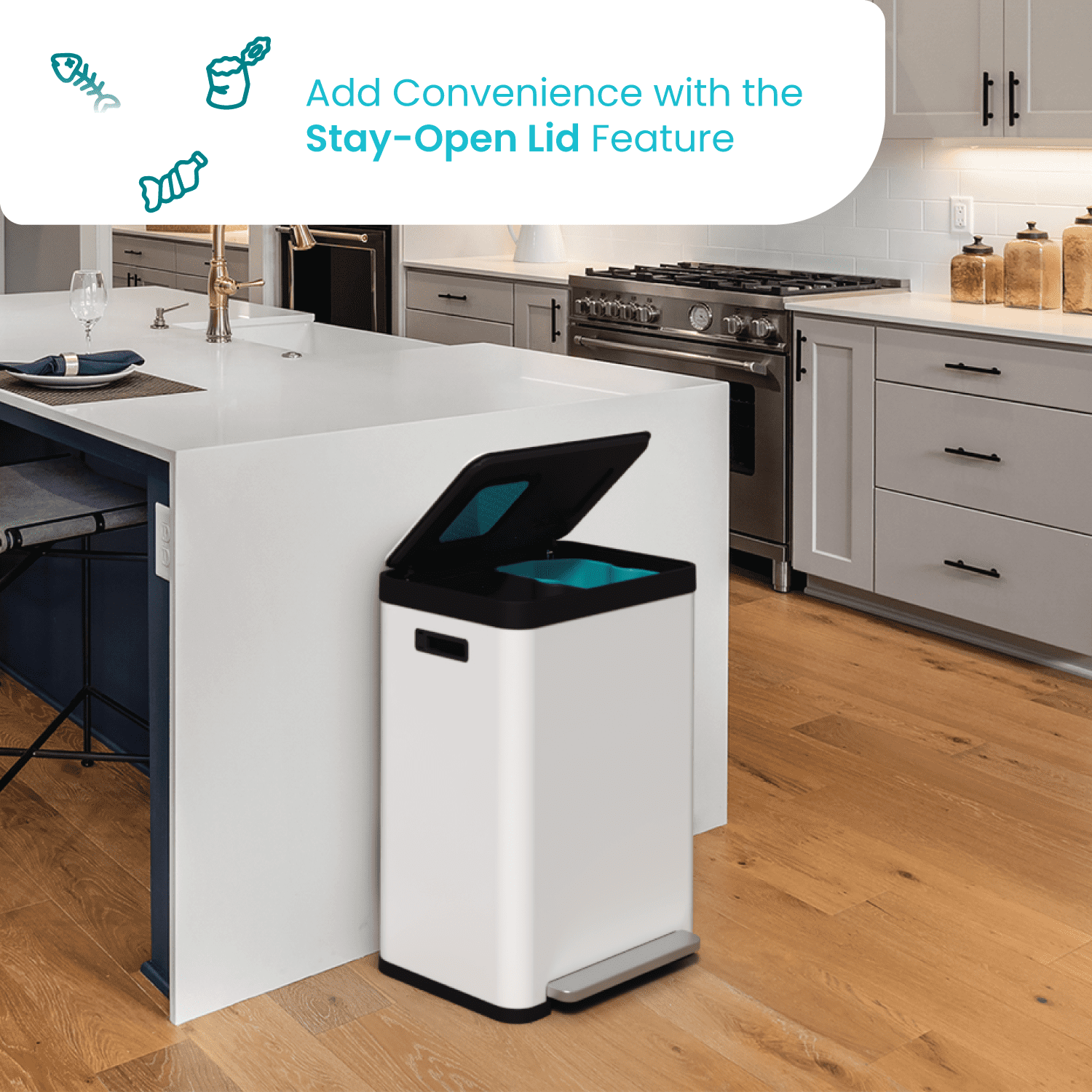 Home Zone Living 19 Gallon Dual Compartment Kitchen Trash Can with CleanAura Odor Control and Recycling Flap, Stainless Steel, White