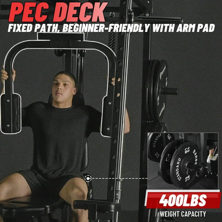 Mikolo Smith Machine, 2000LBS Power Cage Squat Rack with Smith Bar, Chest Fly Machine with Two LAT Pull-Down Systems, Cable Crossover Machine and More Cable Attachment for Home gym