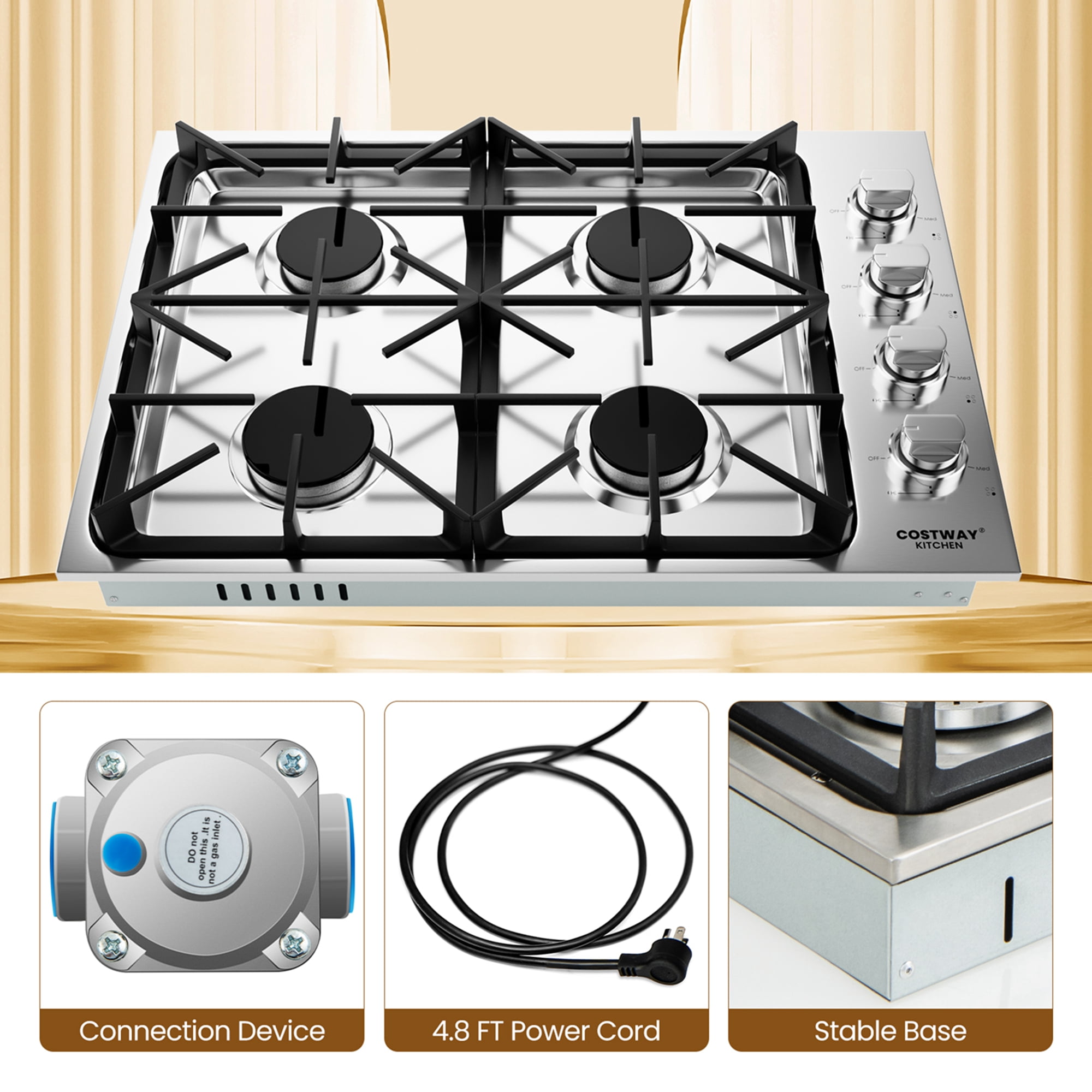Costway 30" Gas Cooktop with 4 Sealed Burners ABS Knobs Cast Iron Grates Easy Cleaning
