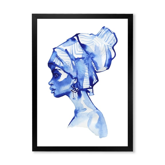 Designart 'Afro American Woman Blue Fashion Portrait' Modern Framed Art Print