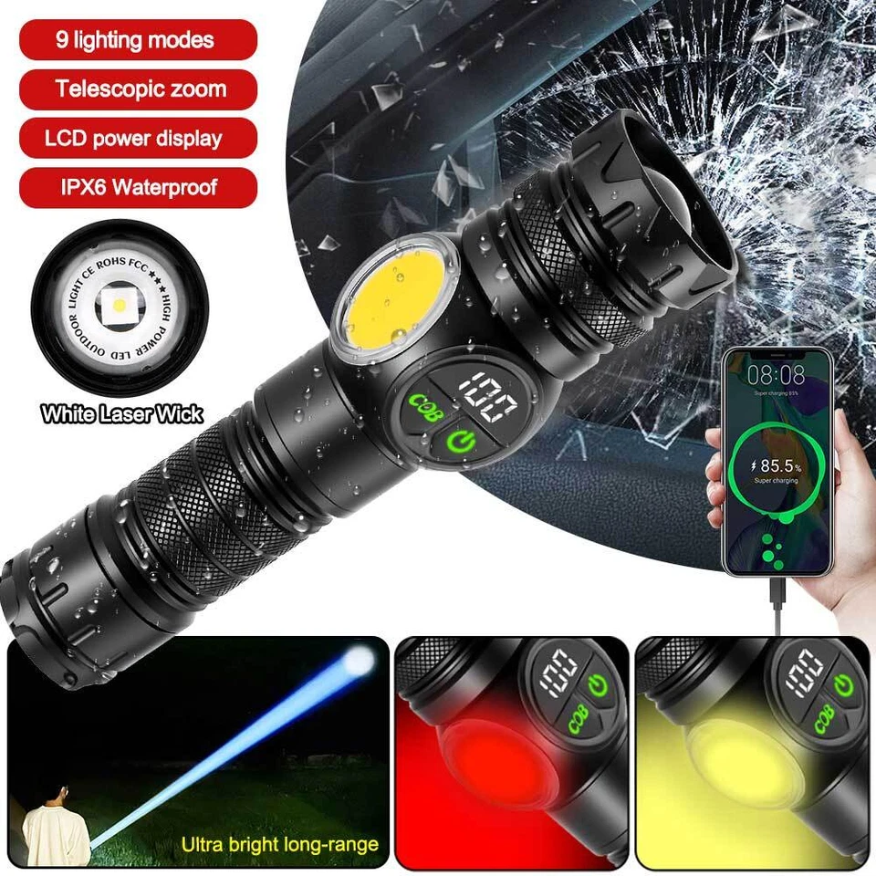 20W Usb Rechargeable Led Flashlight Super Bright Torch Lamp