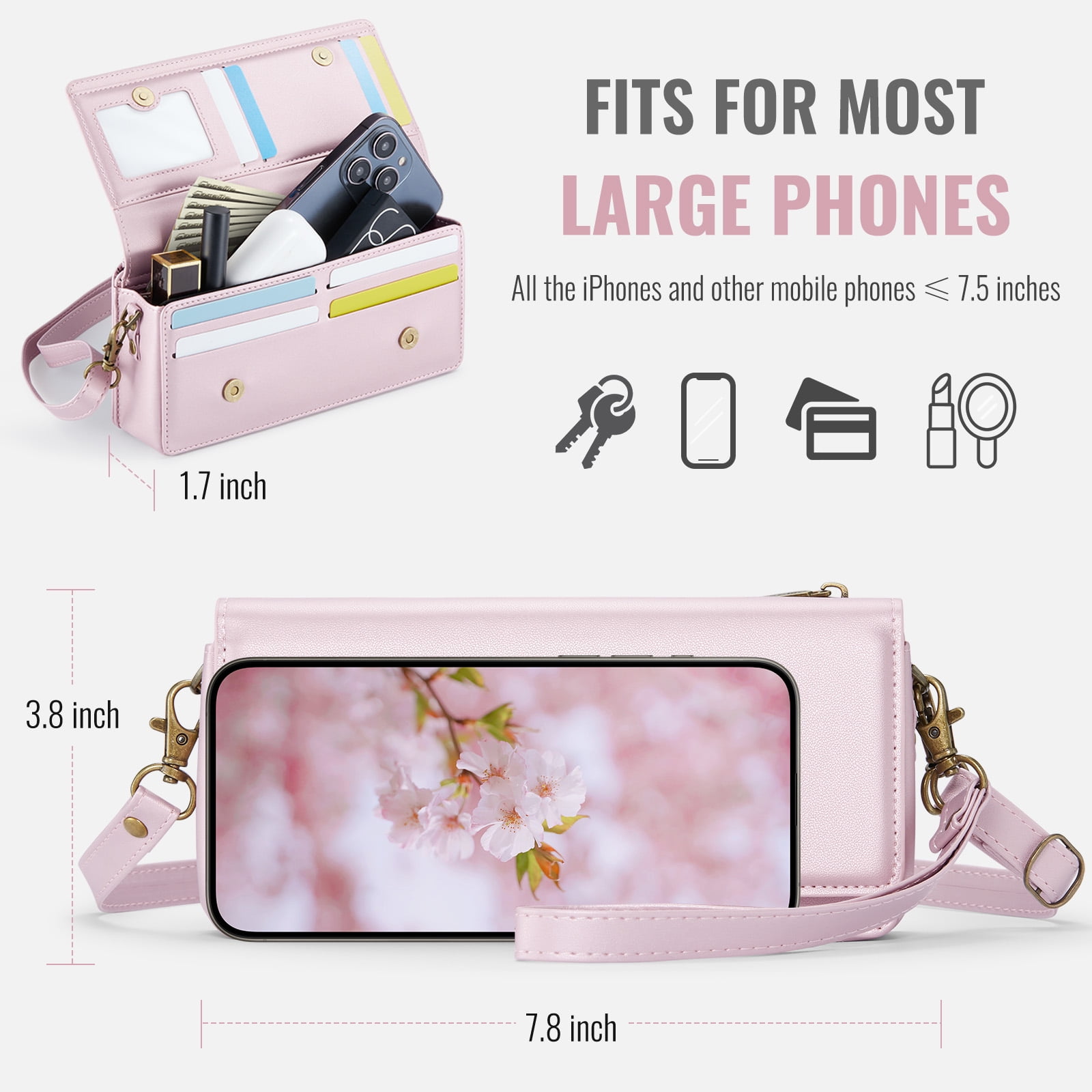 Fashion Small Crossbody Bag for Women,Cell Phone Purse Women's Shoulder Handbags Wallet Purse with RFID Blocking Credit Card Slots Zip Small Crossbody Bag Wrist strap/Shoulder strap - Pink