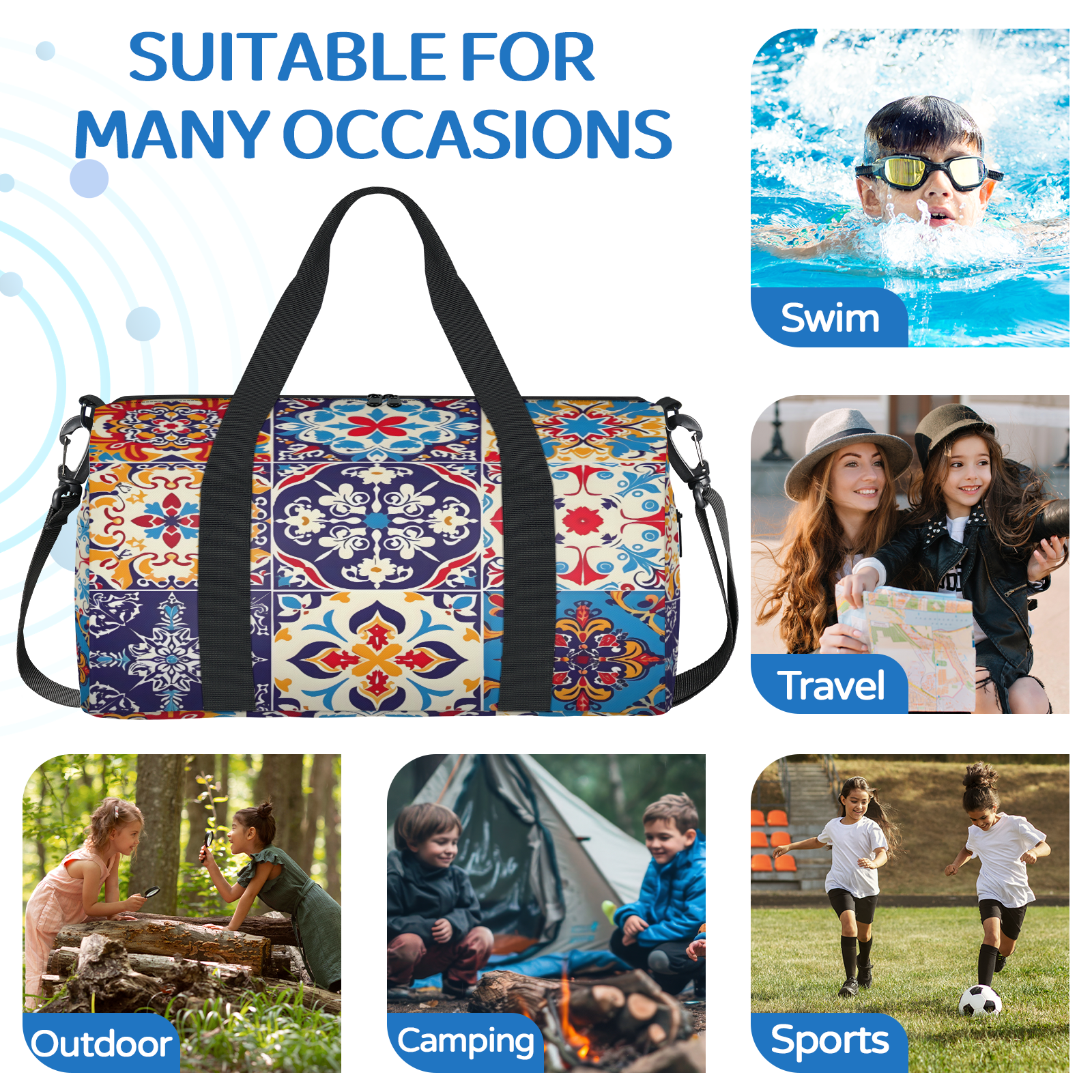 Herdesigns Mexican Talavera Tile Gym Bag for Women, Duffle Bag for Travel Sport, Lightweight Waterproof Carry on Weekender Overnight Dance Yoga Workout Bags