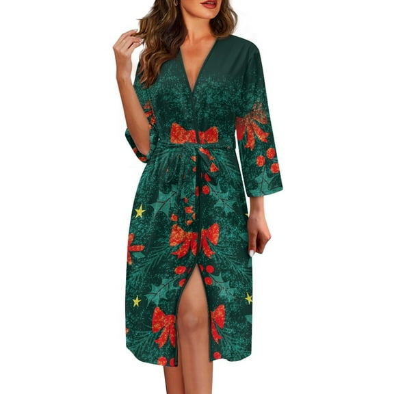 Yuyamidu Xmas Tree Bathrobes for Women 3/4 Sleeve Robes Size 2XL Bow Kimono Robe Christmas Nightgown with Waist Belt for Morning Routine Ladies V Neck Sleep Dress