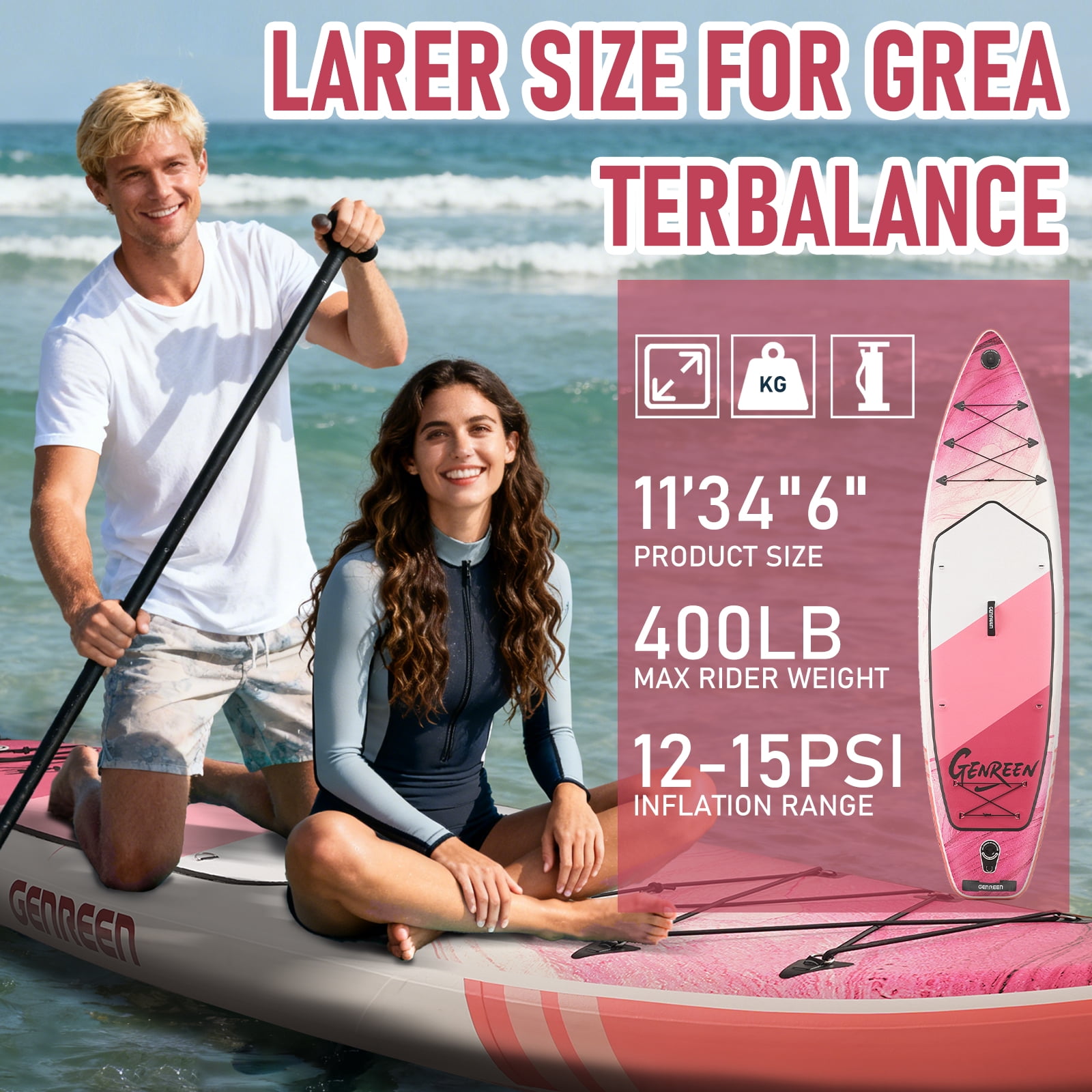 Genreen Inflatable Stand Up Paddle Board with SUP Accessories, 11ft Fishing Paddle Boards for All People of All Skill Levels