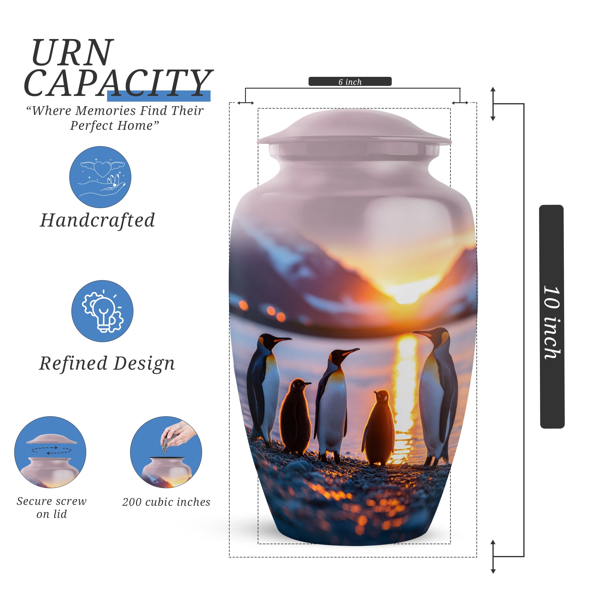 Penguins Funeral Urn For Human Ashes Adult Female, 1 Large & 4 Keepsake Small Cremation Urns For Human Ashes, Blue Urns For Adult Man And Women, Mini Urn For Mother And Father, 10&3 Inch